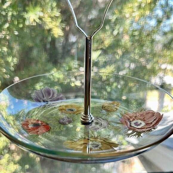 Vintage Chance Glass Anemone Flowers Pattern Small Tidbit Tray / Trinket Dish - Picture 10 of 14